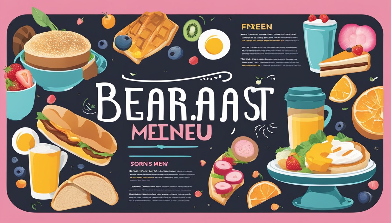 A colorful breakfast menu layout with bold typography and playful graphic elements, featuring images of various breakfast items