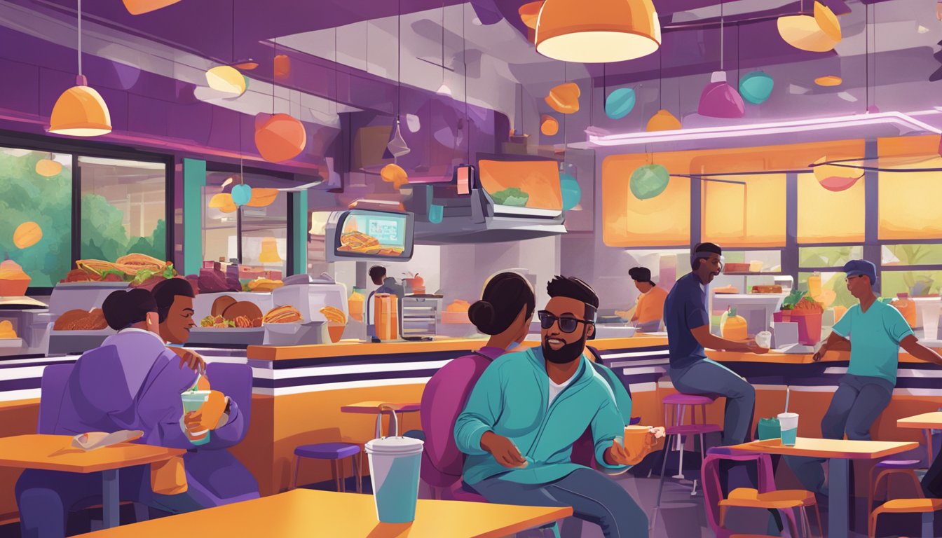 A breakfast scene at a vibrant Taco Bell location, with the sound designer at work creating catchy jingles for the marketing campaign