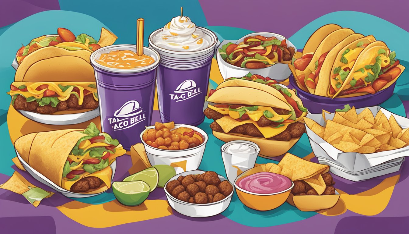 A colorful Taco Bell breakfast menu featuring bold typography and playful graphic designs