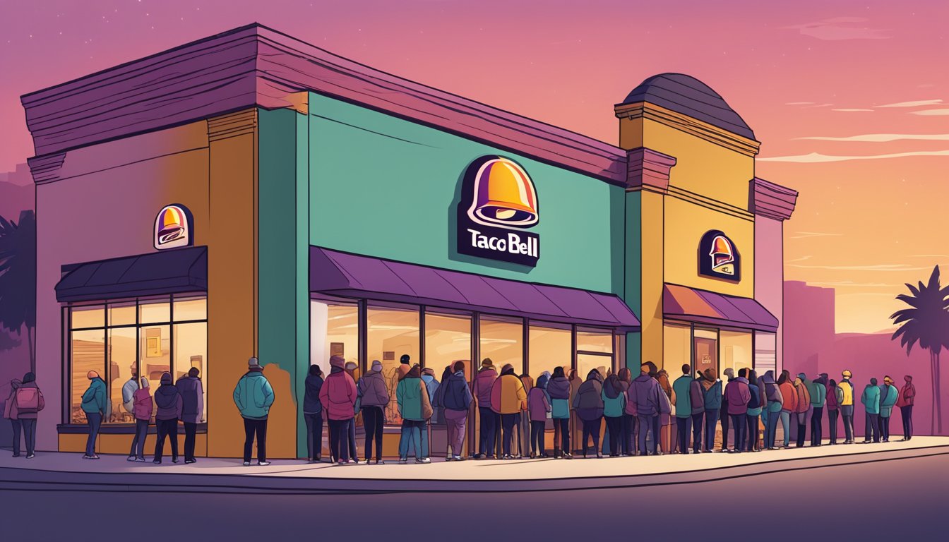 A group of people eagerly lining up outside a Taco Bell store before sunrise, eagerly anticipating the opening of the breakfast menu