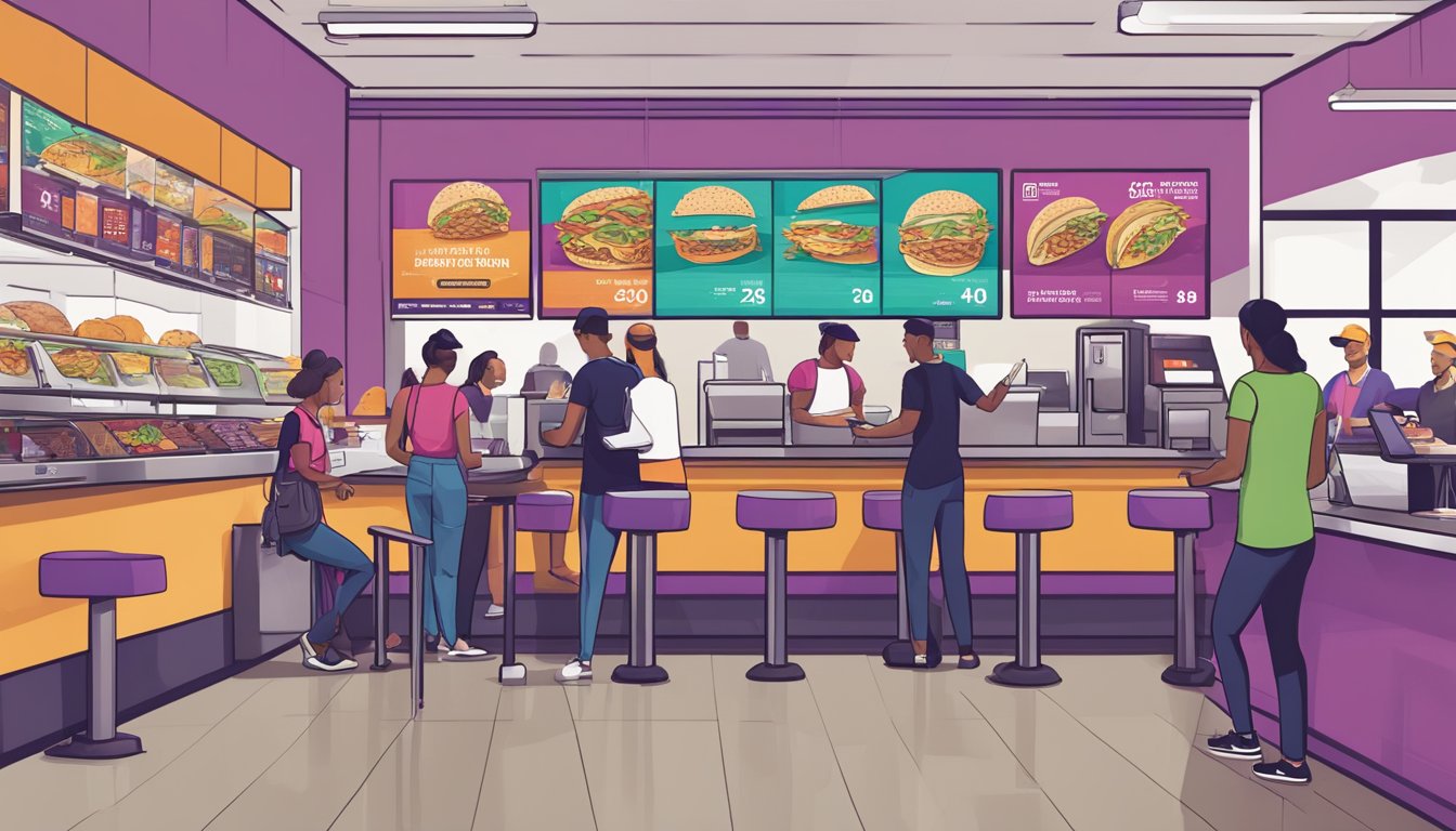 A bustling Taco Bell restaurant with customers scanning QR codes to redeem breakfast loyalty rewards, while staff members efficiently manage the operational aspects of the program