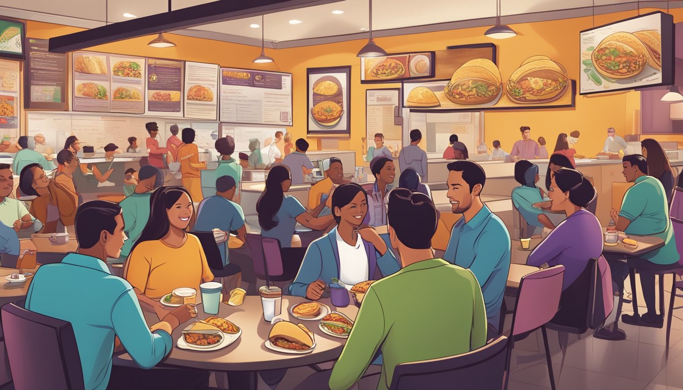 A crowded Taco Bell with a mix of customers, from young professionals to families, enjoying breakfast items. A prominent display of loyalty program information and financial charts on the wall