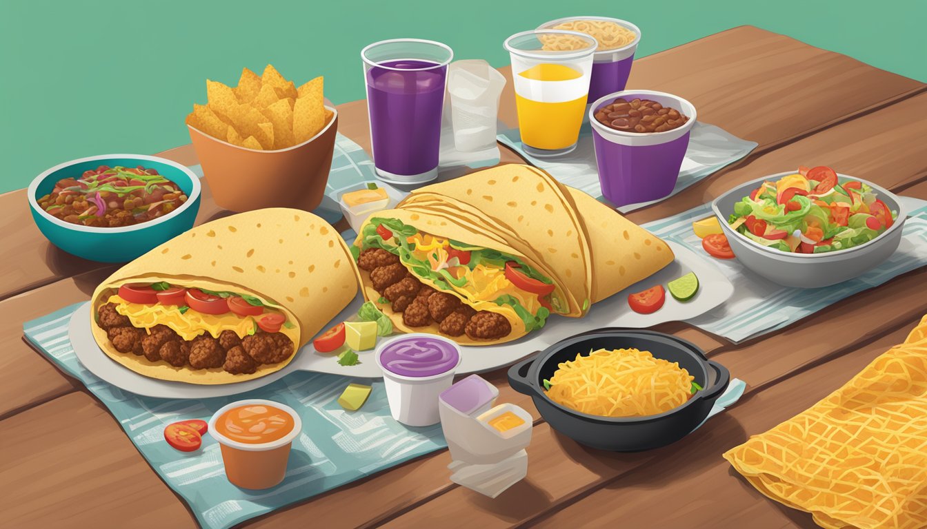 A colorful spread of breakfast items, including tacos, burritos, and hash browns, arranged on a table with a Taco Bell logo in the background