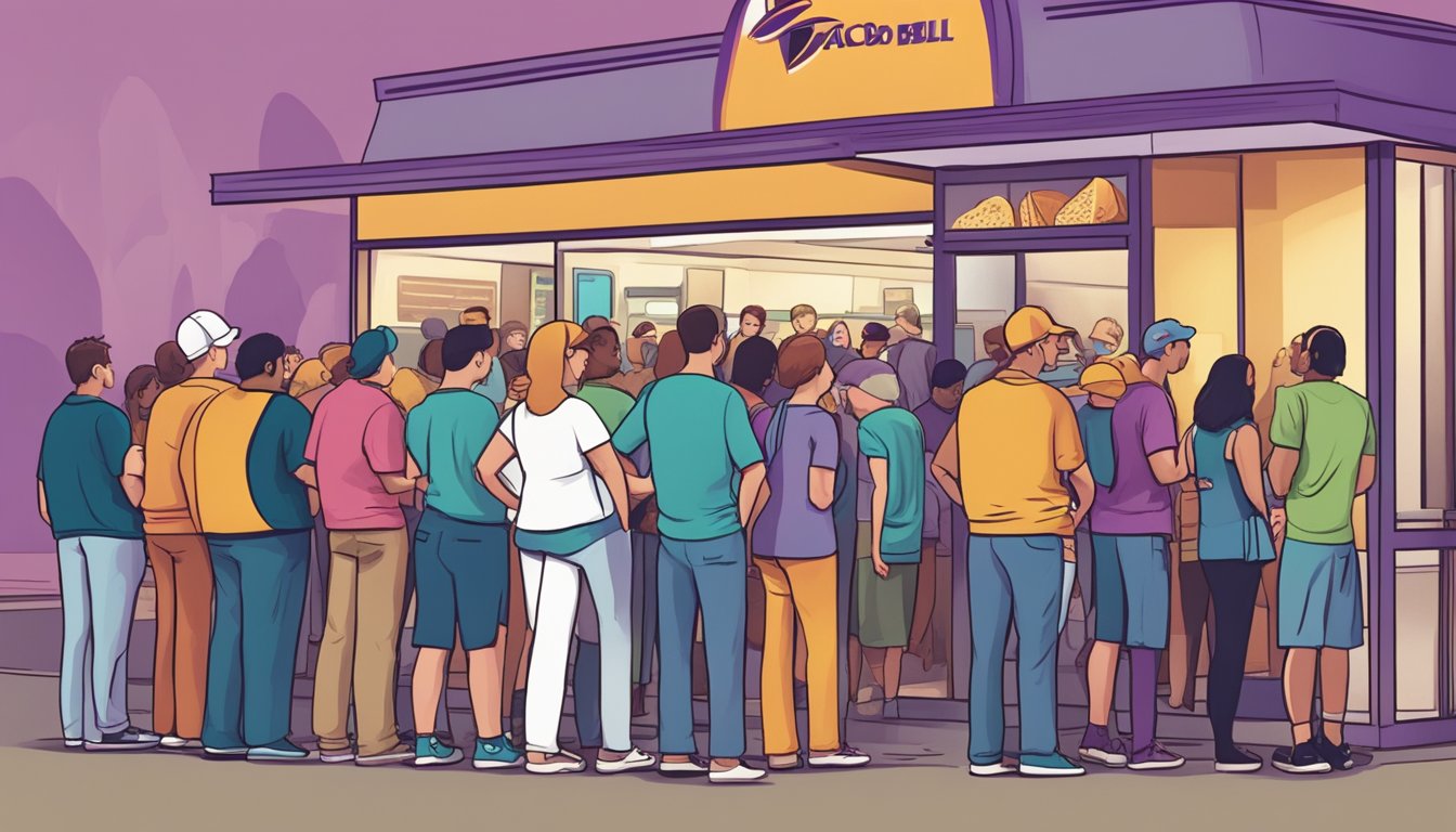 Customers anxiously waiting in long lines outside Taco Bell, with worried expressions and body language indicating stress and impatience