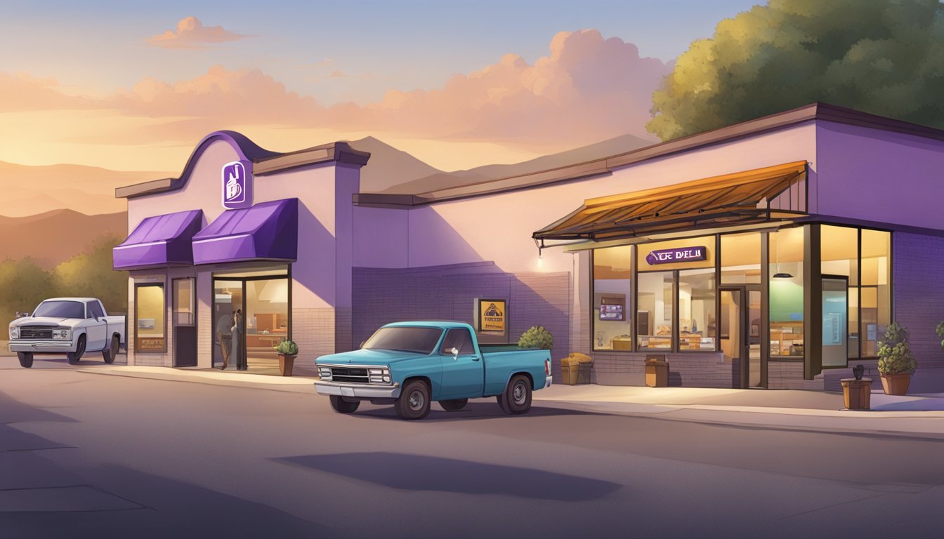 A bustling Taco Bell drive-thru with morning customers, while a deserted kitchen sits in the background