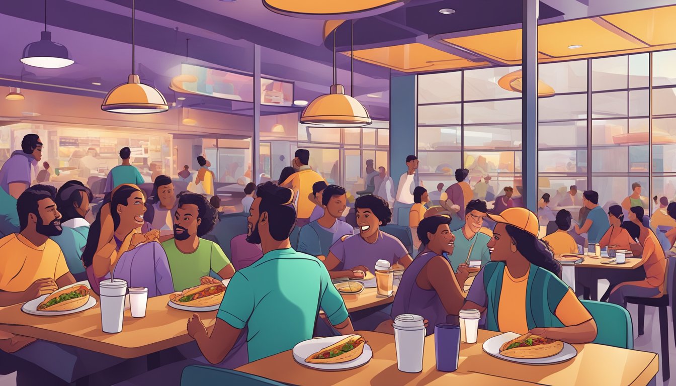 A crowded Taco Bell restaurant during breakfast hours, with customers eagerly redeeming loyalty rewards and enjoying their meals