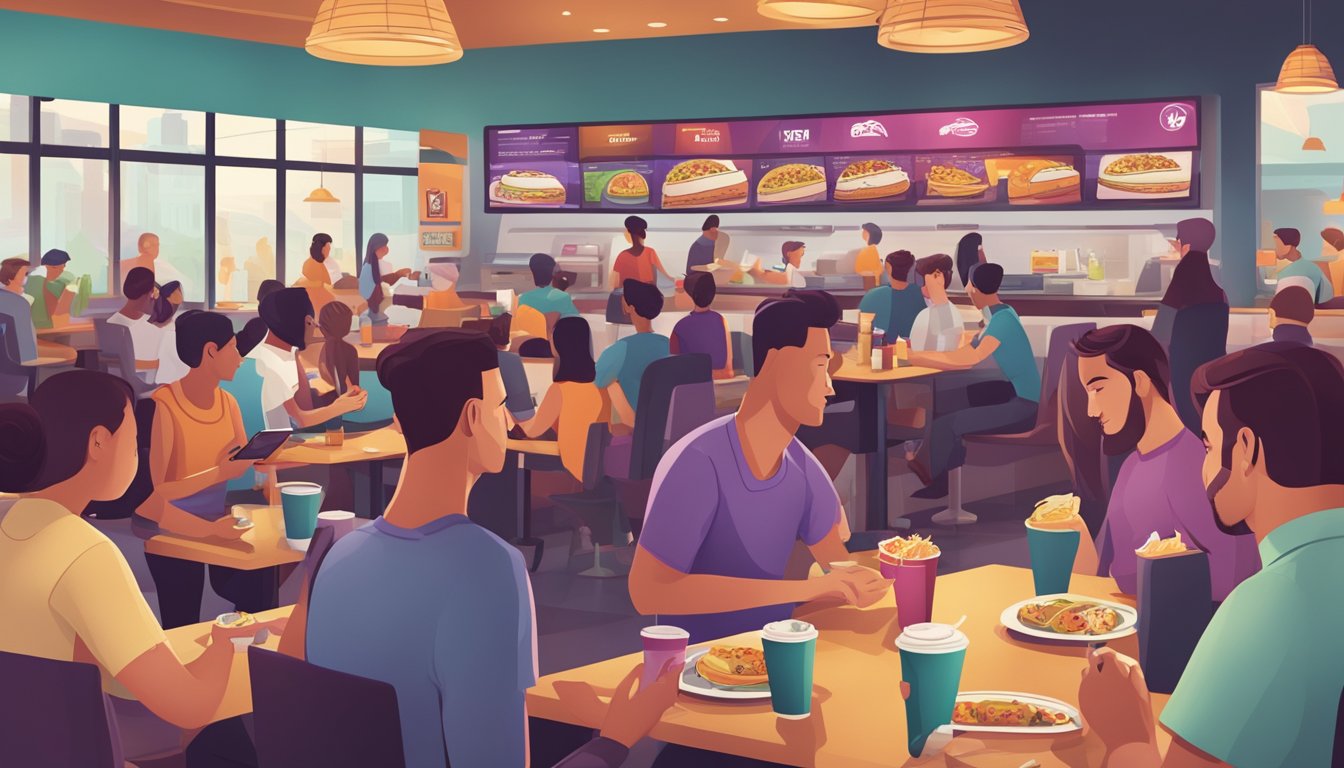 A crowded Taco Bell restaurant at breakfast time, with customers eagerly scanning their loyalty program app on their smartphones while enjoying their meals