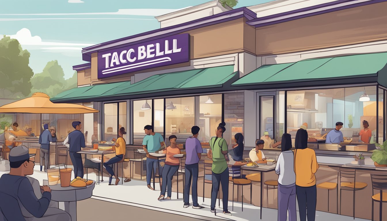 A bustling Taco Bell restaurant with a line of customers waiting to order breakfast items, while nearby, a family cooks breakfast at home, inspired by Taco Bell's menu