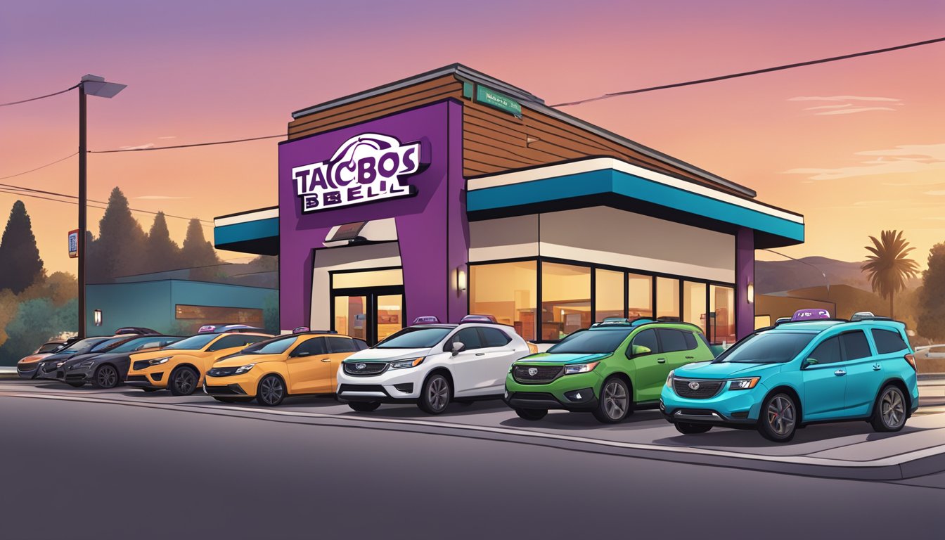 A Taco Bell restaurant with a digital drive-thru menu and a line of cars waiting to order breakfast items