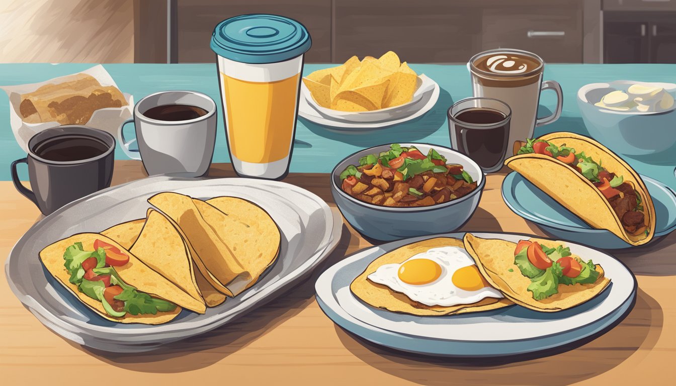 A kitchen counter with a spread of breakfast items, including tacos, eggs, and coffee. A Taco Bell logo is subtly displayed in the background