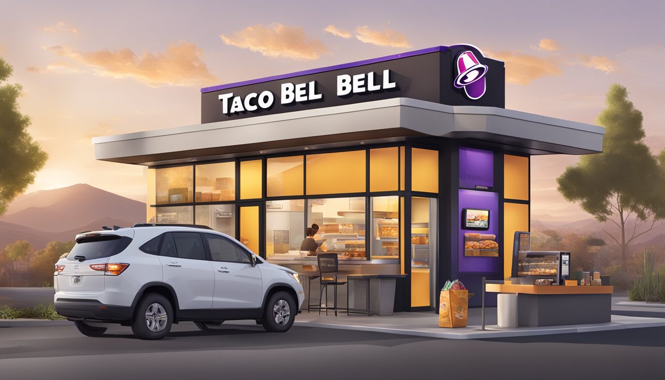 A Taco Bell drive-thru with breakfast items being served, while advanced technology is incorporated into the ordering and pick-up process