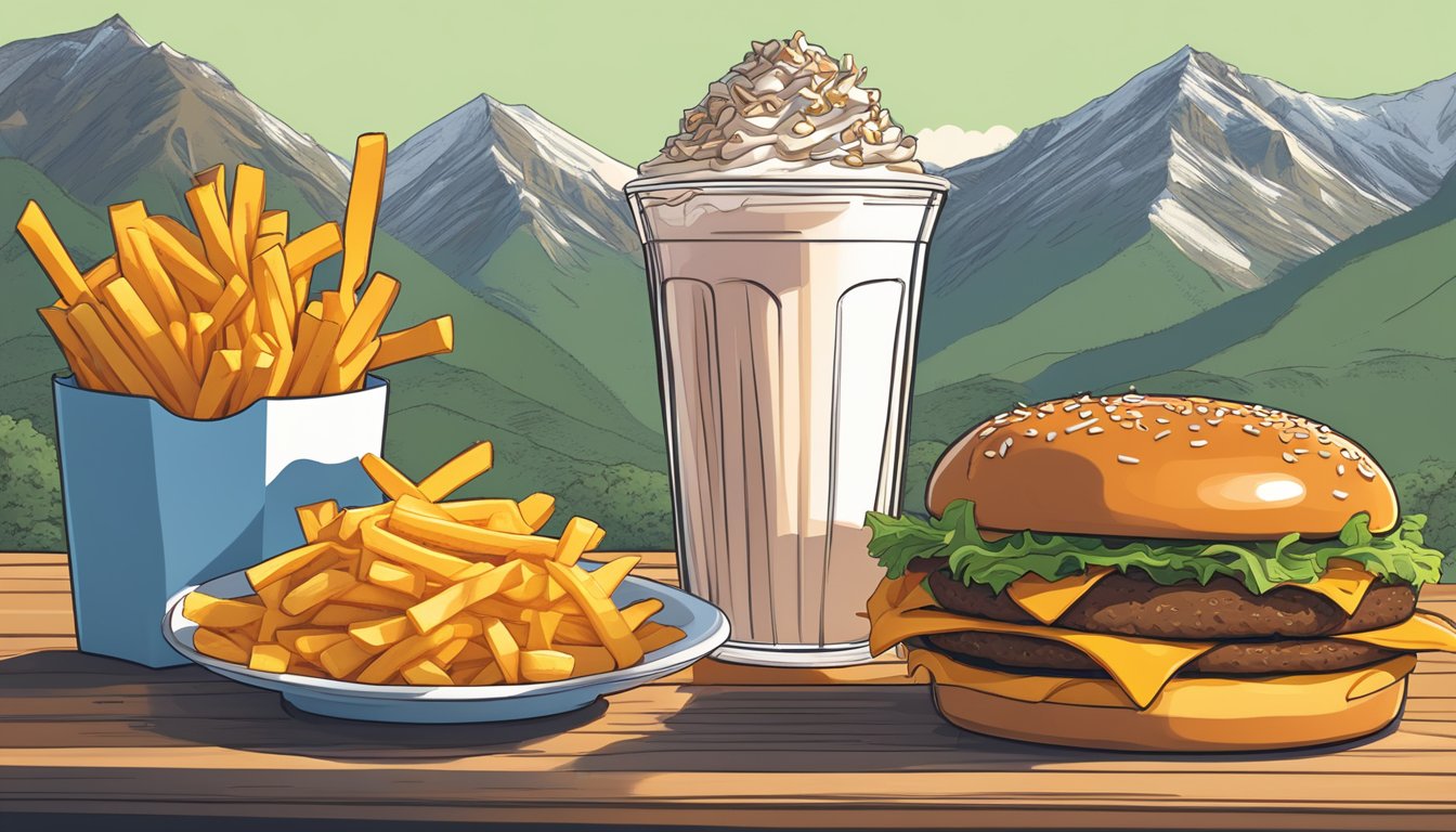 A towering Whataburger-inspired burger surrounded by a mountain of fries and a large milkshake, with a calculator displaying the calorie count in the background