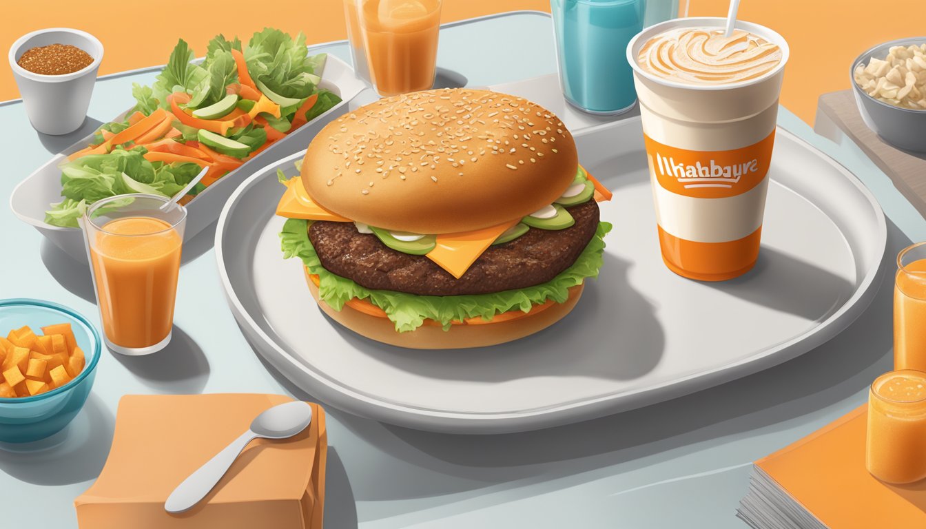 A table with a Whataburger meal on one side and a spread of healthy options on the other, with a scale in the middle