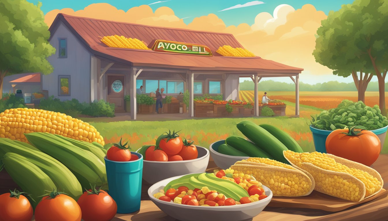 A vibrant farm scene with fields of corn, tomatoes, and avocados, with a Taco Bell breakfast menu in the background