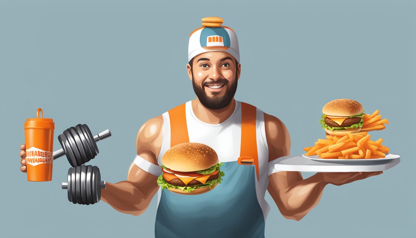 A person juggling a Whataburger meal and a set of exercise weights, symbolizing the challenge of balancing indulgence with fitness in daily routine