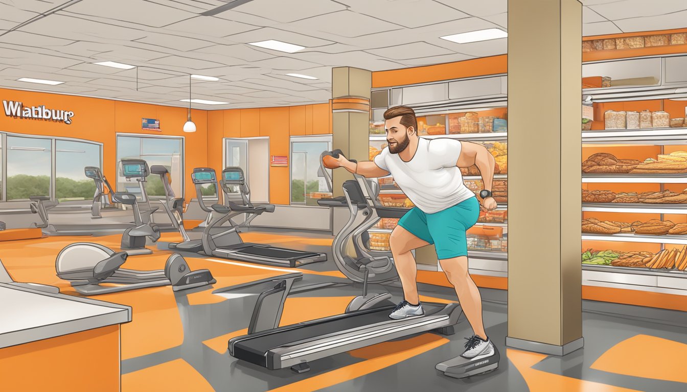 A person balancing a Whataburger meal with exercise equipment in the background