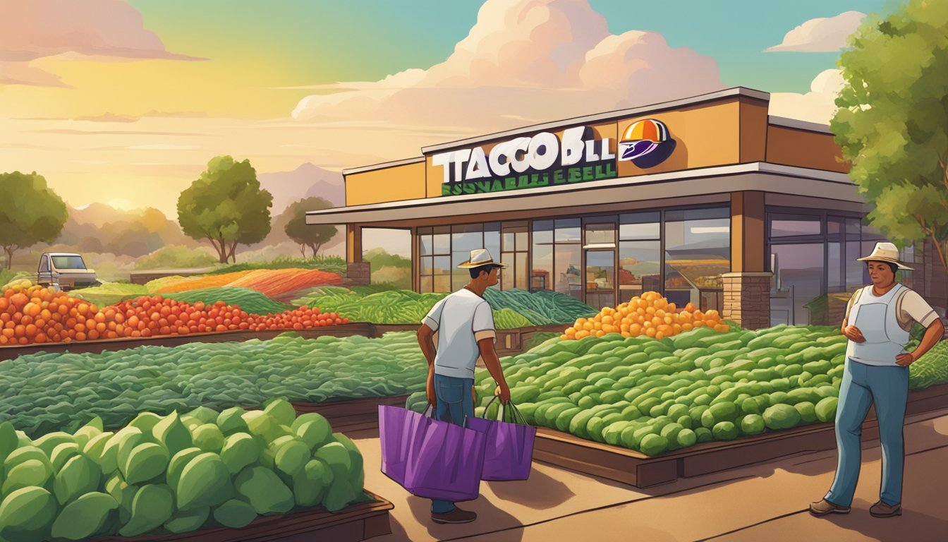 A farmer tending to a vibrant field of fresh produce, with a Taco Bell restaurant in the background, showcasing the impact of sustainable agricultural practices on the fast-food industry