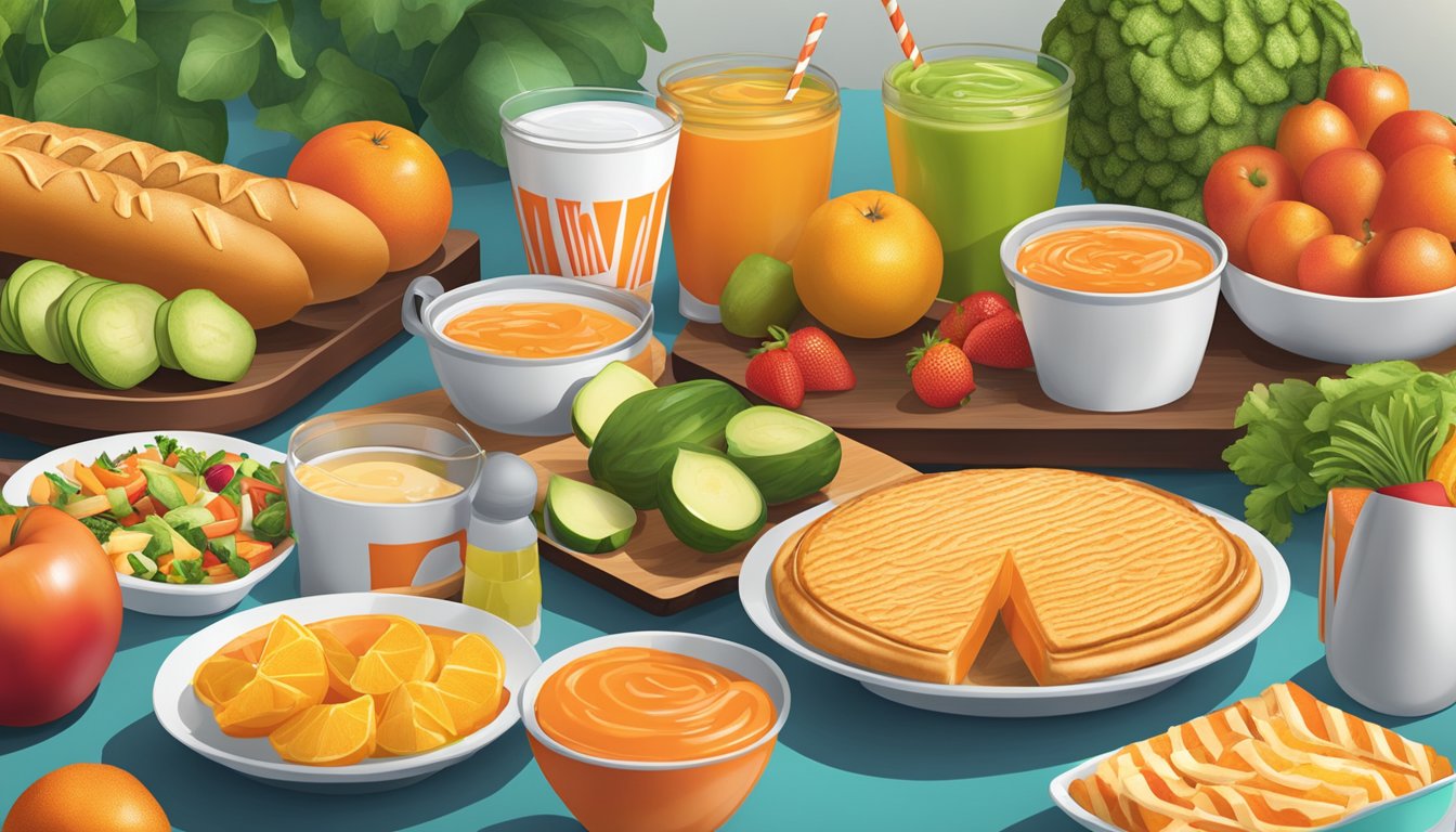 A table set with a Whataburger meal and gym equipment, surrounded by vibrant fruits and vegetables