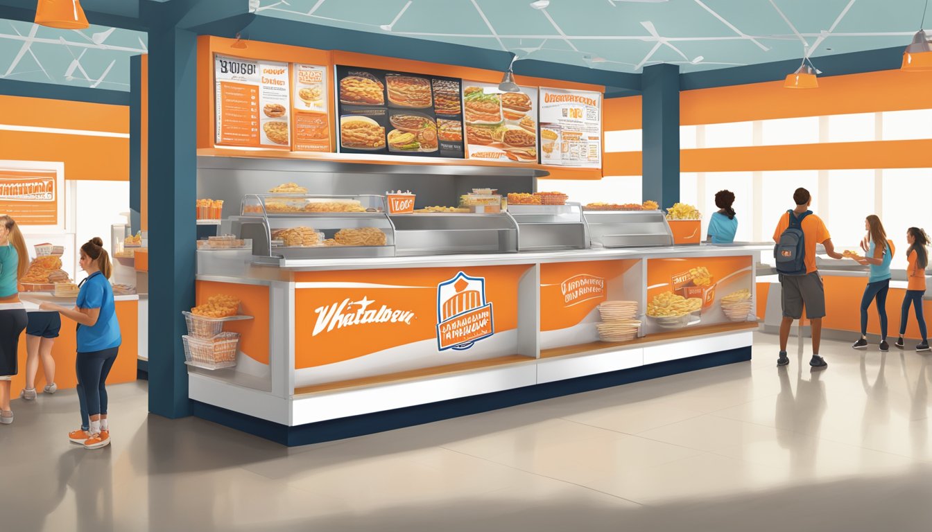 A bustling Texas high school concession stand featuring Whataburger-inspired menu items and branding