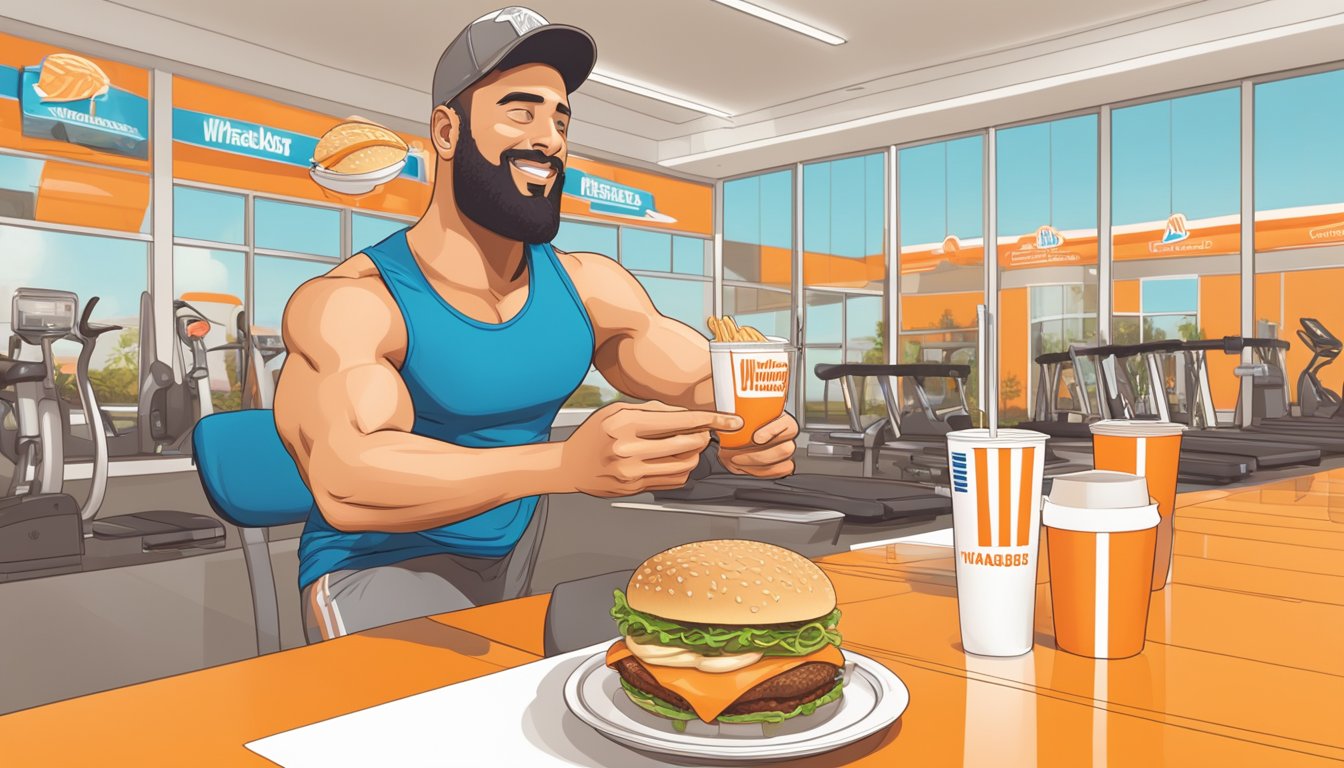 A person enjoying a Whataburger meal while balancing it with healthy exercise and fitness equipment in the background