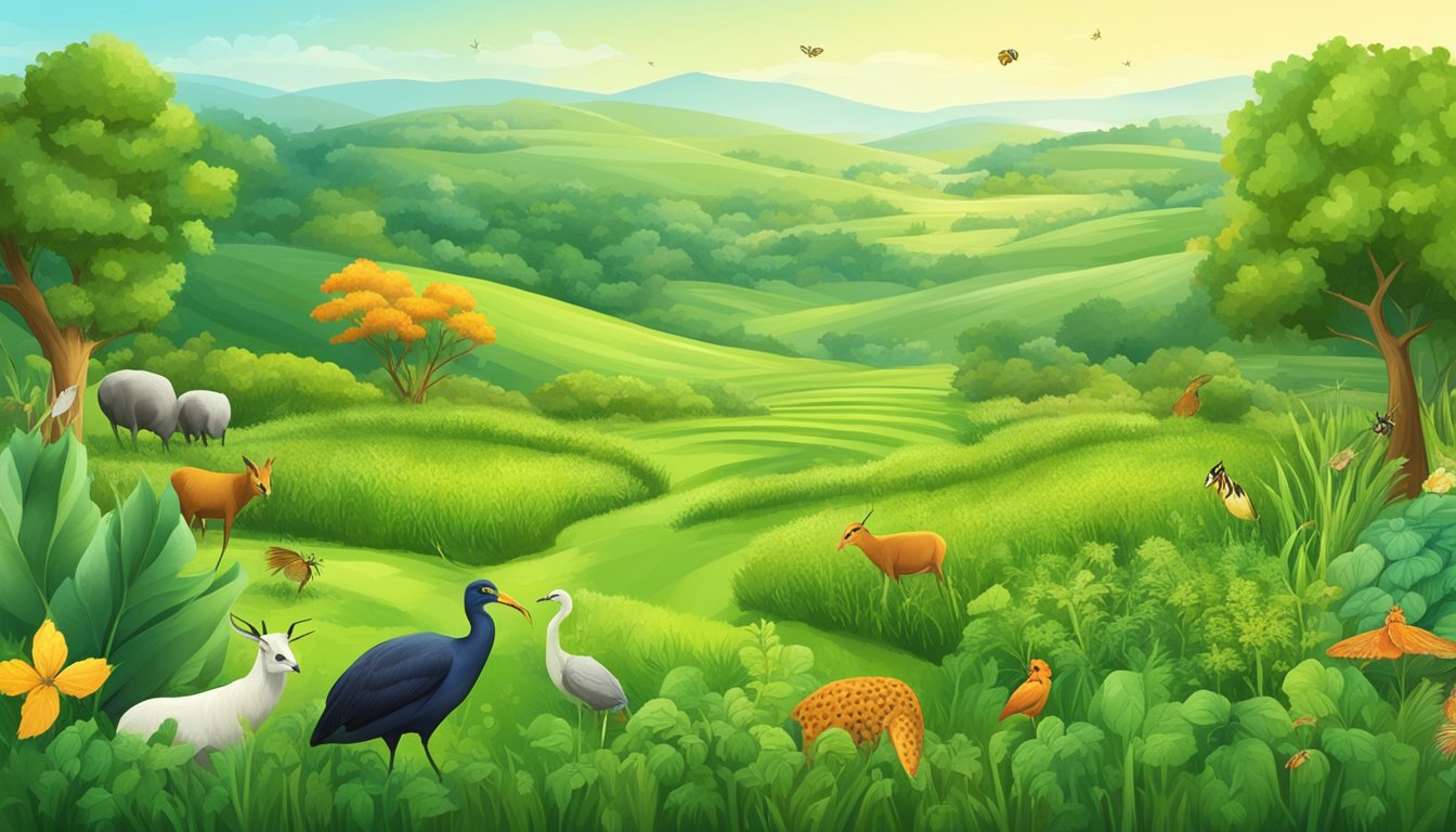 A lush green field with various crops and plants, surrounded by a diverse ecosystem of animals and insects