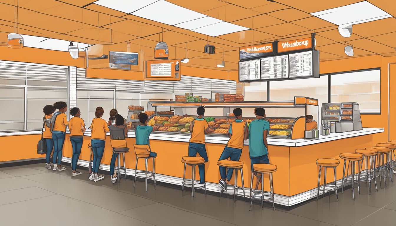 A Texas high school concession stand featuring Whataburger branding and menu items, with students eagerly purchasing burgers and fries