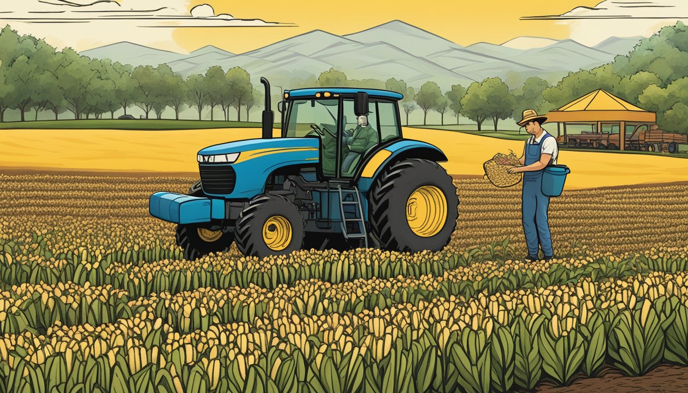 A farmer tending to fields of corn and potatoes, while a Taco Bell breakfast menu looms in the background, symbolizing the impact on agricultural practices