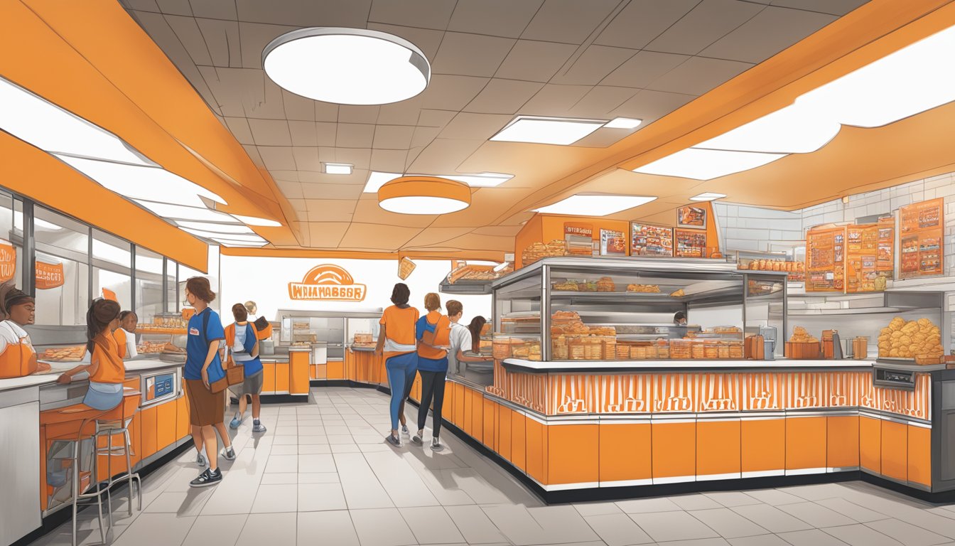 A bustling high school concession stand adorned with Whataburger branding, serving up classic Texas favorites to eager students