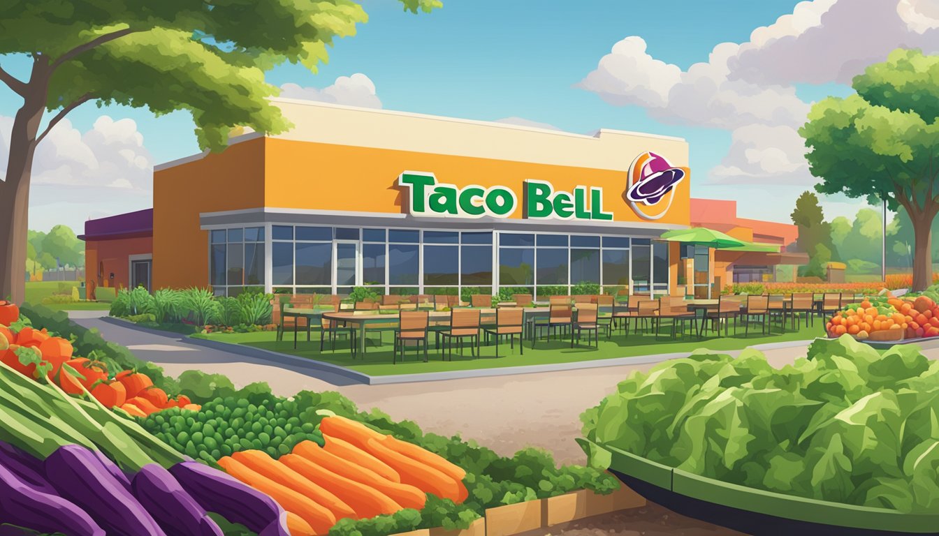 A lush green field with rows of vibrant vegetables and grains growing, while a modern Taco Bell restaurant stands in the background