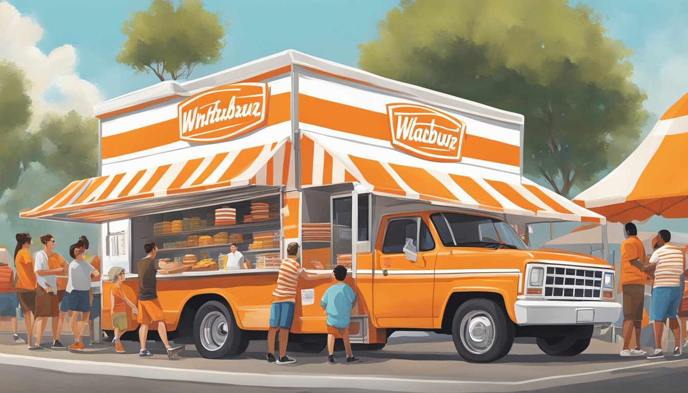 A bustling Texas food truck scene with a prominent Whataburger truck surrounded by eager customers. The iconic orange and white stripes stand out against the backdrop of other vendors