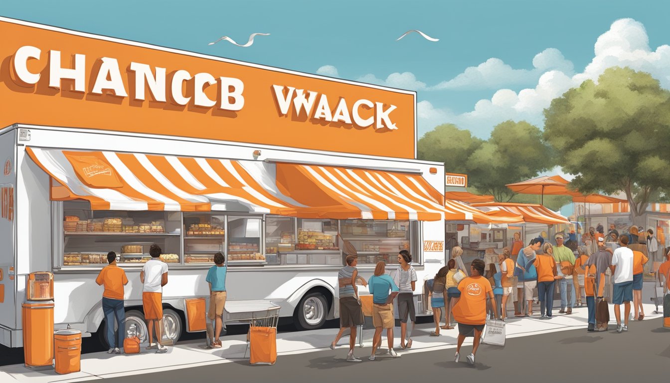 A bustling Texas food truck park with a line of eager customers, as the iconic orange and white Whataburger logo stands out among the various vendors