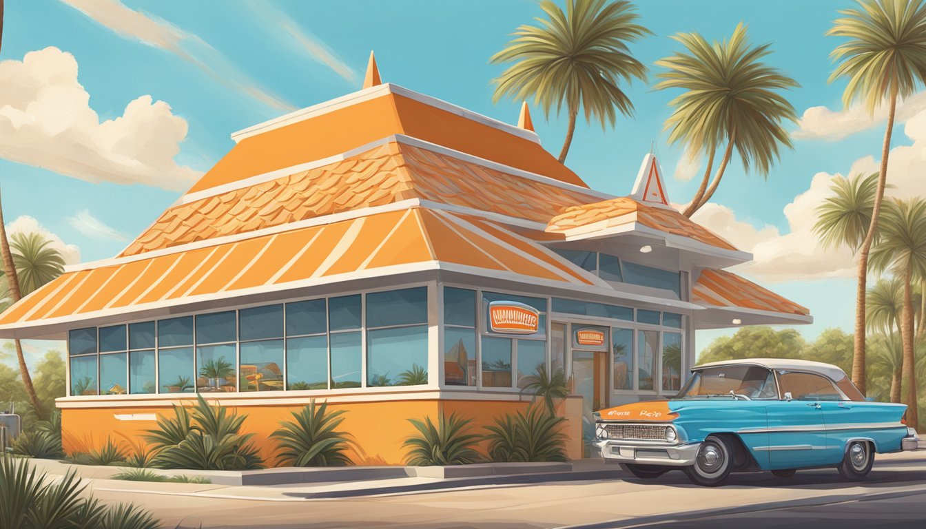 A bustling Whataburger restaurant with a classic A-frame design, surrounded by palm trees and a bright blue sky, with a vintage film camera and film reels scattered around the exterior