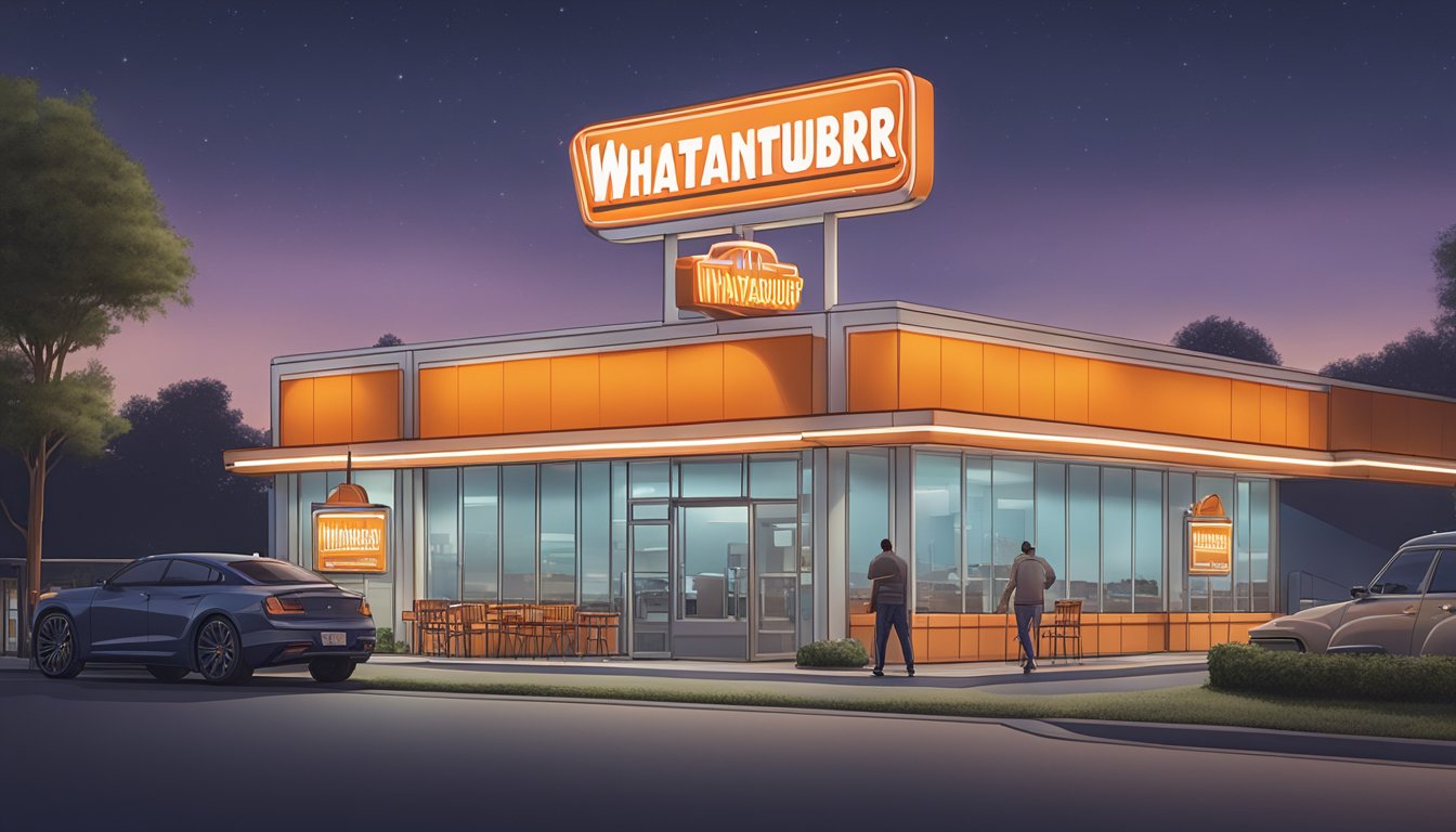 A Whataburger restaurant sign illuminated at dusk, with a line of cars at the drive-thru, and a lone figure walking towards the entrance