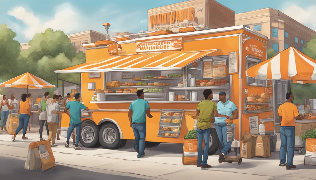 A bustling Texas food truck scene with a diverse array of vendors, featuring Whataburger's influence through innovative menu items and operational excellence