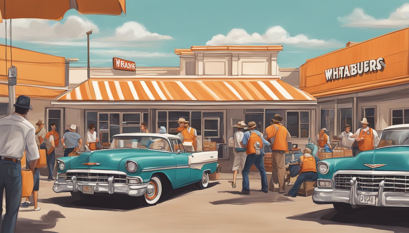 A bustling film set in Texas, with a crew and actors working on a Whataburger-themed scene, capturing the essence of the state's film and television industry