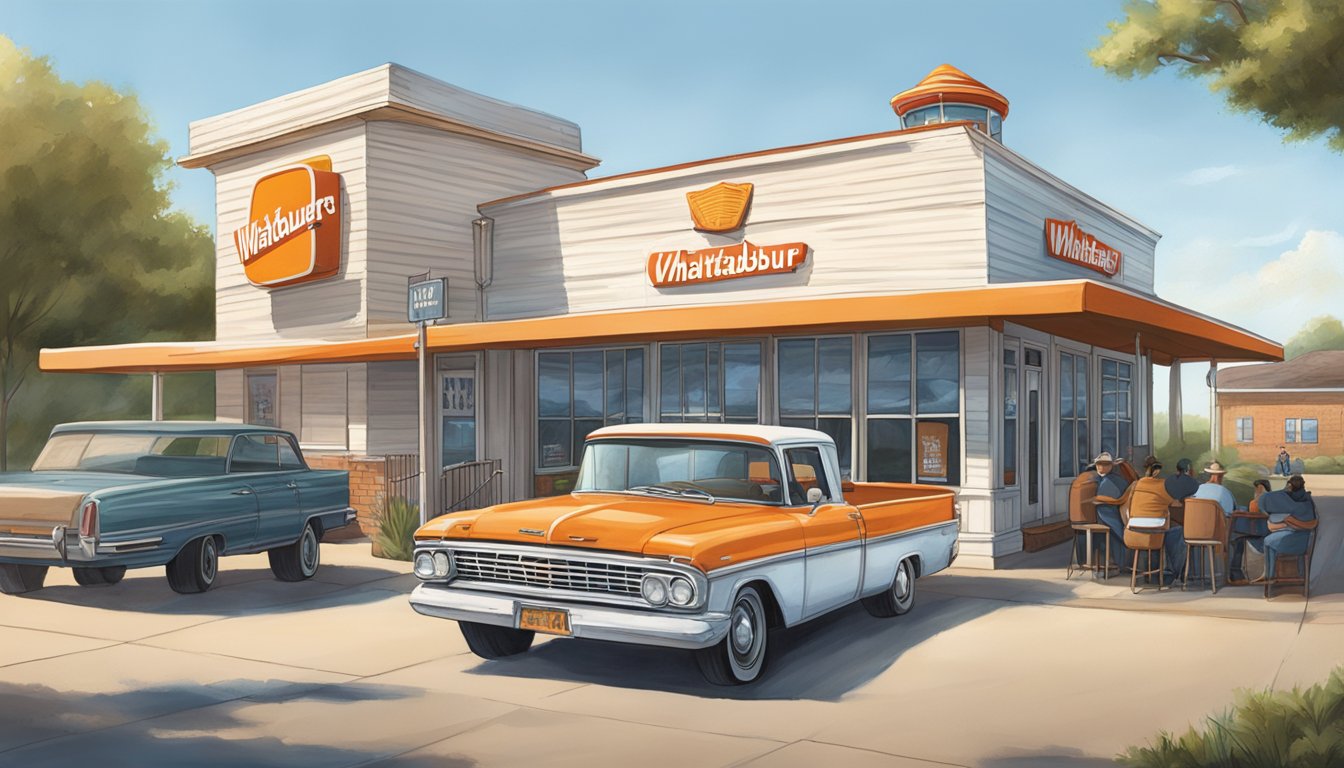 A classic Whataburger restaurant stands prominently in a Texan town, surrounded by film crews and equipment, capturing its role in local film and television productions