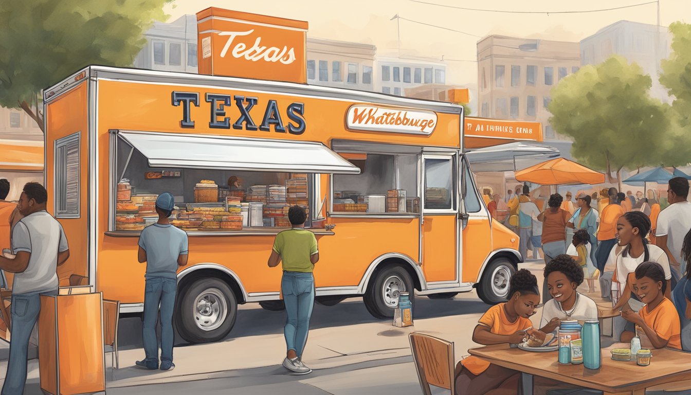 A bustling Texas food truck scene with various vendors, one prominently featuring Whataburger-inspired dishes, attracting a diverse crowd