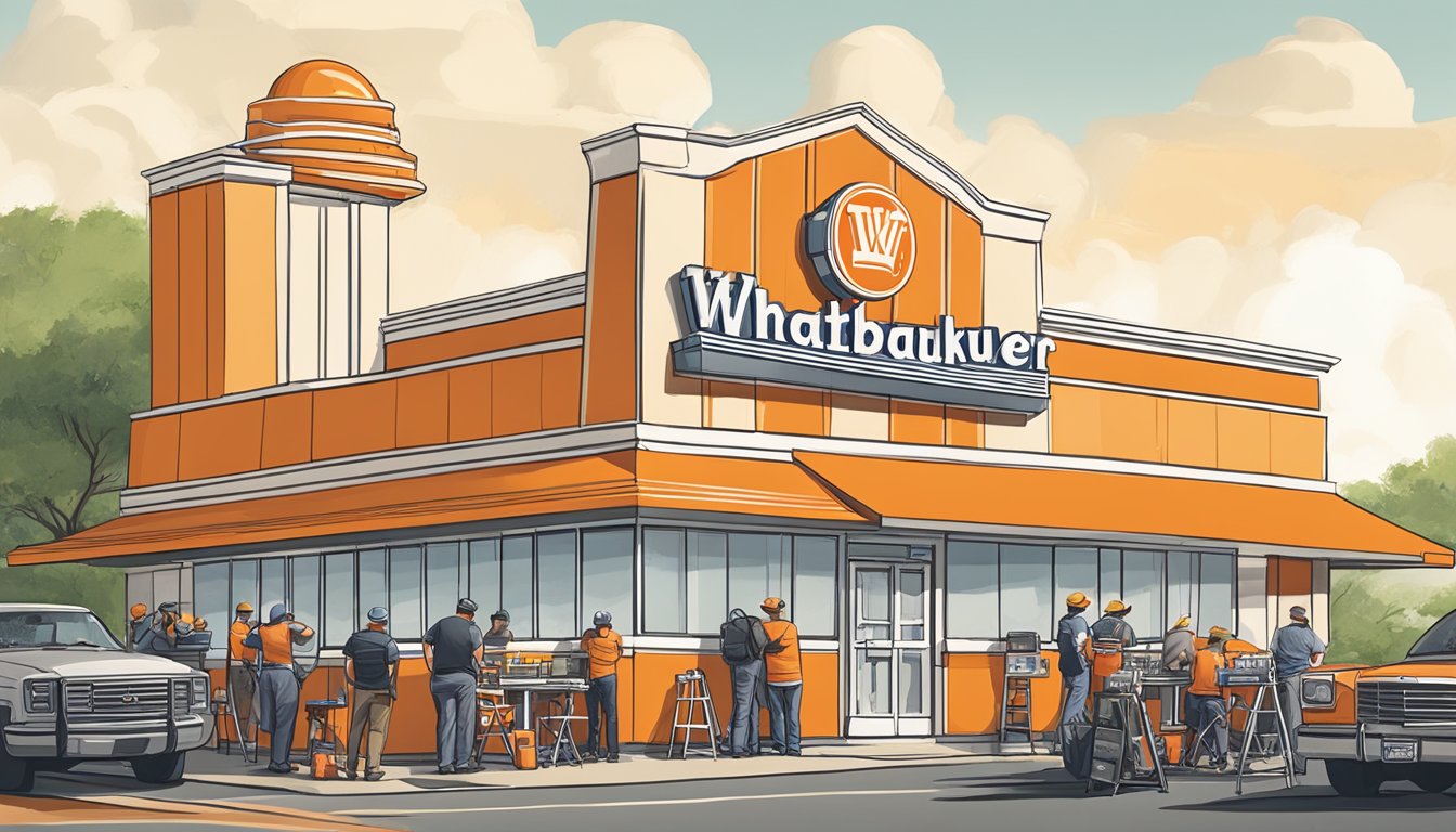 A bustling Whataburger restaurant with a film crew setting up equipment and actors preparing for a scene. The iconic orange and white striped building stands out against the Texas landscape