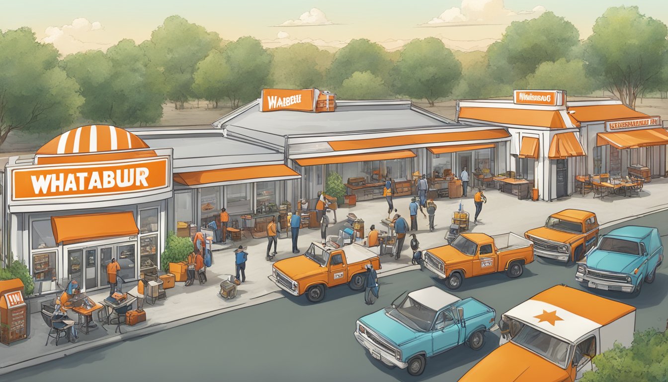 A bustling film set in Texas with Whataburger product placements and crew members working on various movie and TV productions