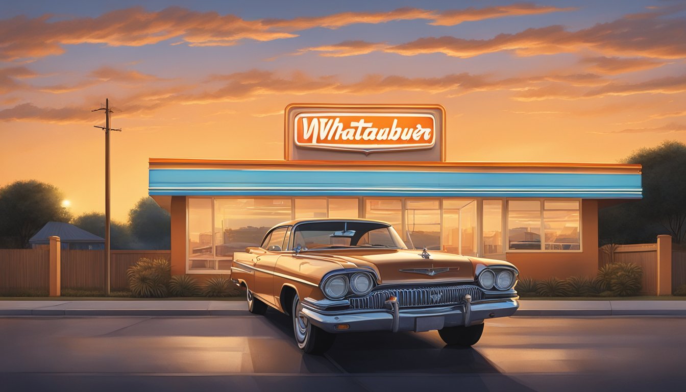 A classic Whataburger sign stands tall against a Texas sunset, with a vintage car parked in front, evoking a sense of nostalgia and Americana