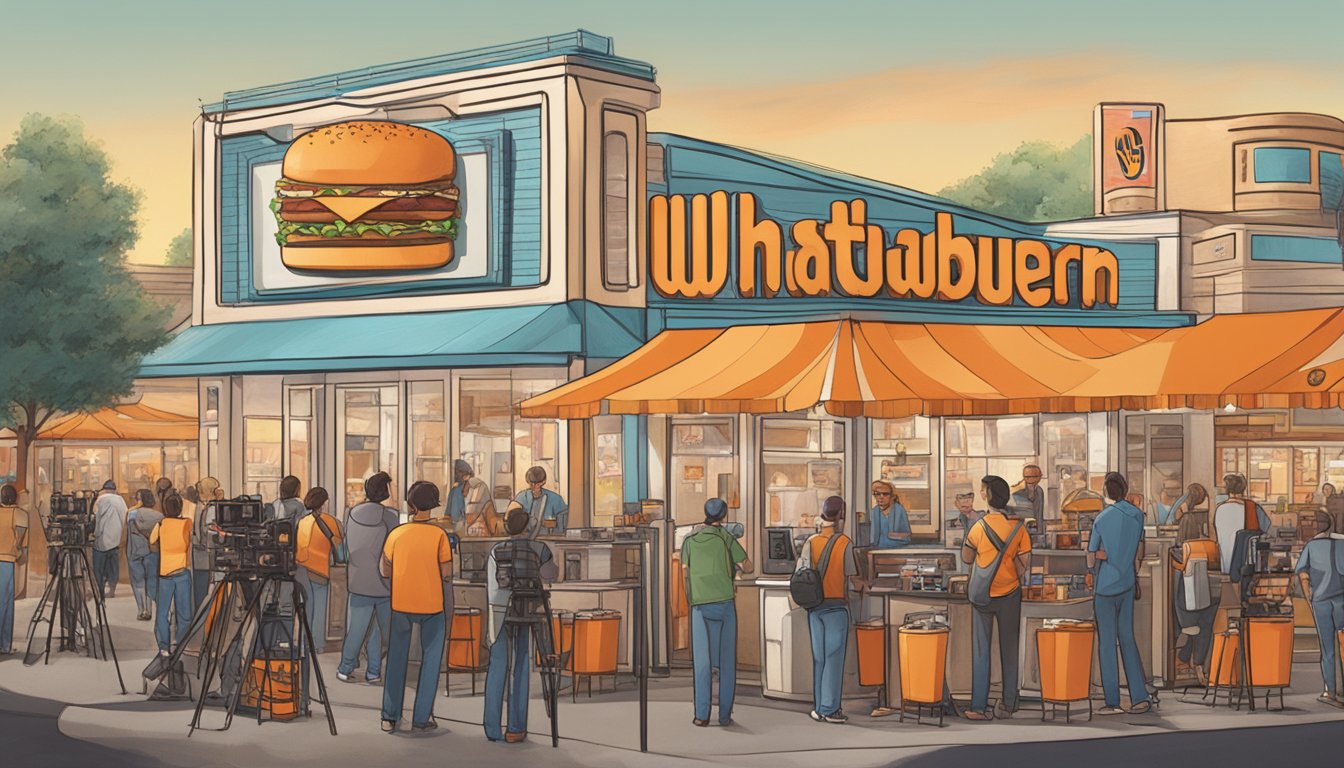 A bustling film set with cameras, lights, and actors, featuring a Whataburger prominently displayed in the background