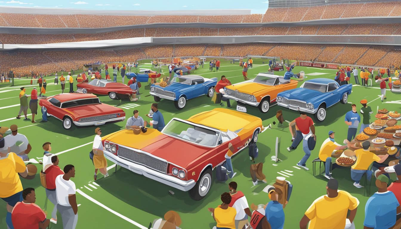 A lively tailgating scene with fans, grills, and team colors, spanning from a high school football game to an NFL stadium