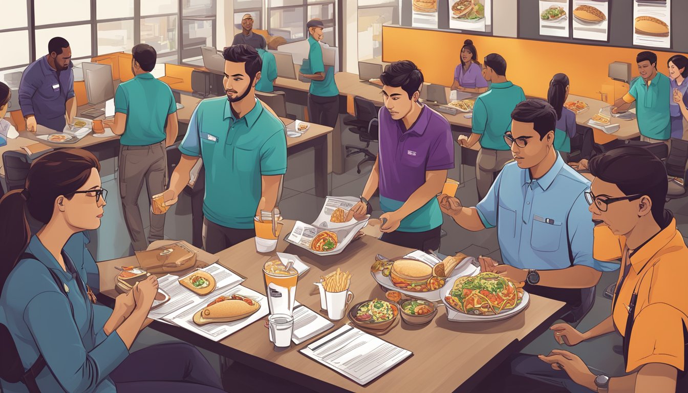 A group of employees engaged in training activities, surrounded by Taco Bell breakfast menu items and promotional materials