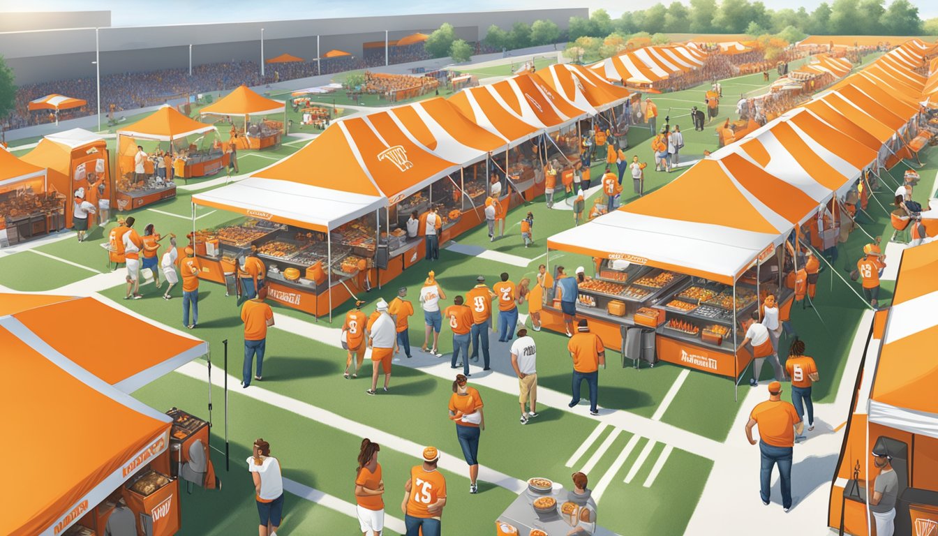 A lively tailgating scene with Whataburger-branded tents, grills, and coolers, surrounded by fans in team colors, enjoying food and drinks before the game