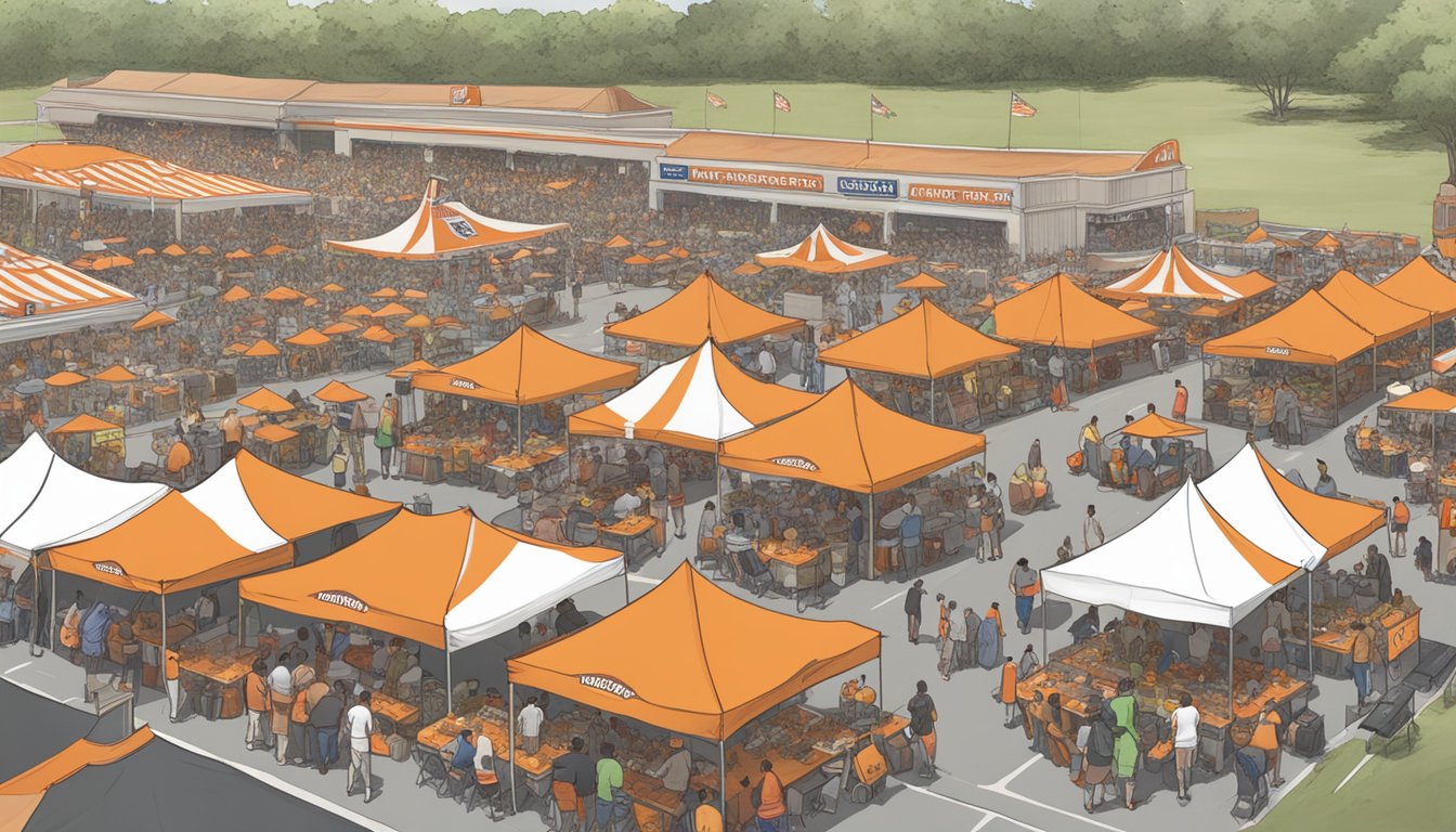 A crowded parking lot filled with Whataburger-branded tents, grills, and fans enjoying food and drinks before a game