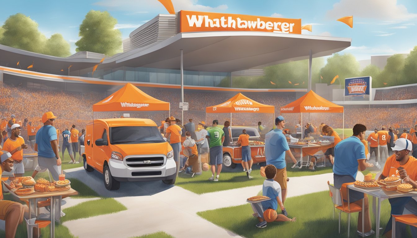 A lively tailgating scene with fans grilling, playing games, and cheering outside a football stadium, with Whataburger branding visible