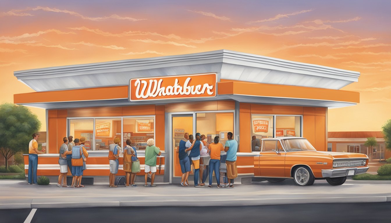 A group of Texans gather at a Whataburger, savoring their favorite menu items and sharing stories of their time away from home. The iconic orange and white striped building stands proudly in the background