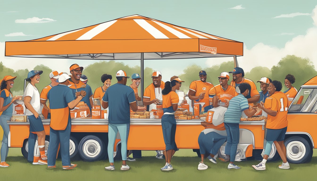 A group of people gather around a Whataburger food spread at a tailgating event, laughing and chatting as they bond over their shared love of sports