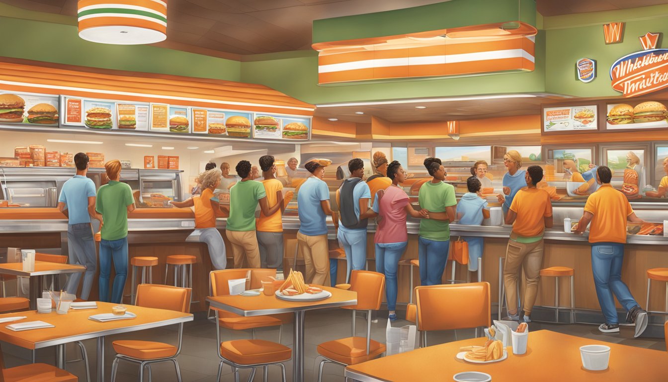 A bustling Whataburger restaurant filled with joyful Texans reuniting over their favorite menu items, creating a lively and nostalgic atmosphere