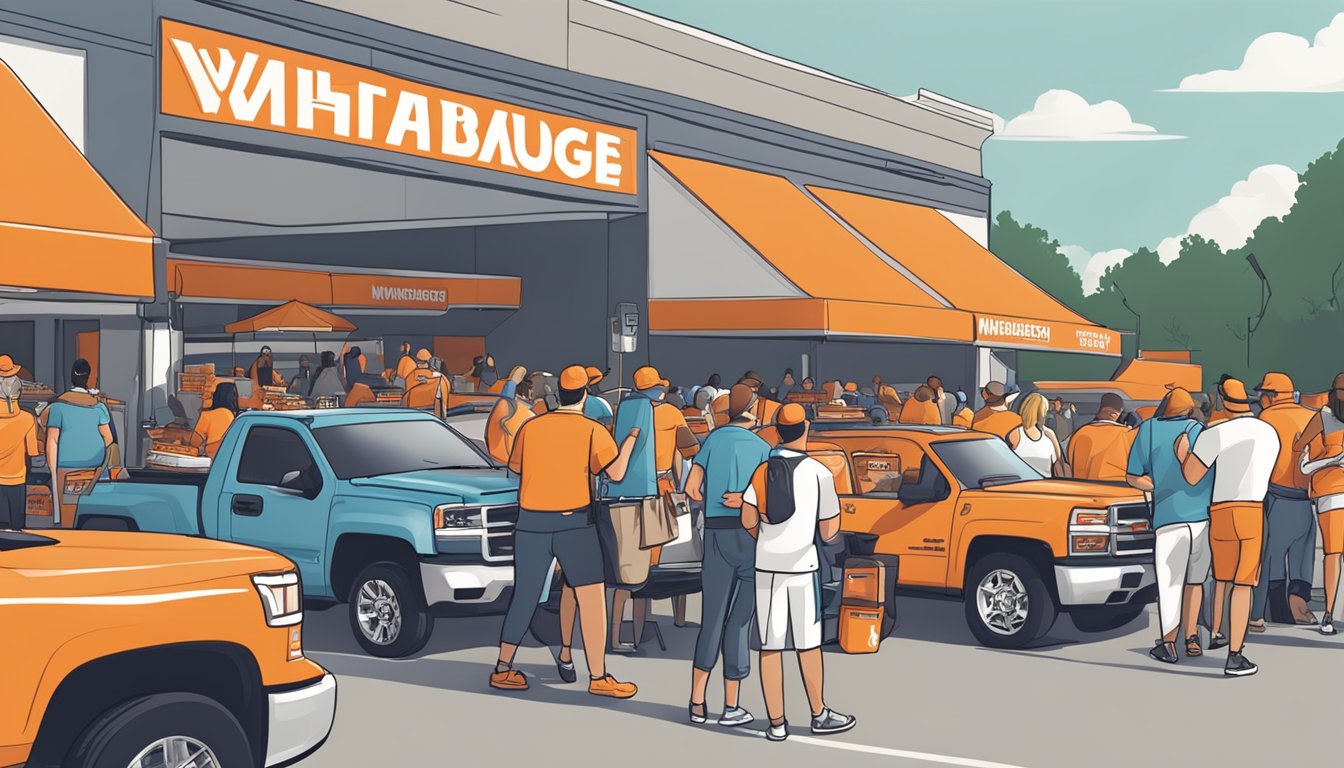 A bustling tailgate scene with grills, coolers, and Whataburger branding at a sports stadium parking lot. Fans gather around, socializing and enjoying food and drinks